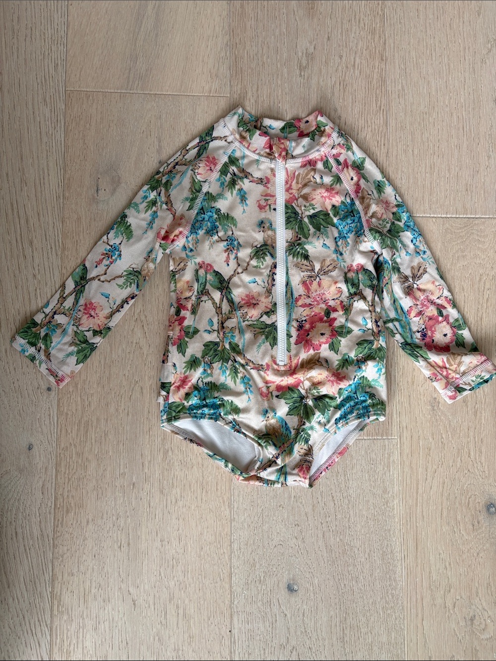 Janie and Jack Cream Floral Long-Sleeve One-Piece Swimsuit
